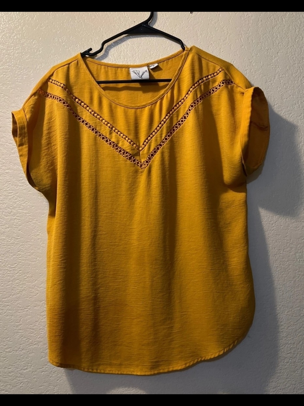 Adorable Women's Crochet-Trim Short Sleeve Blouse in Mustard